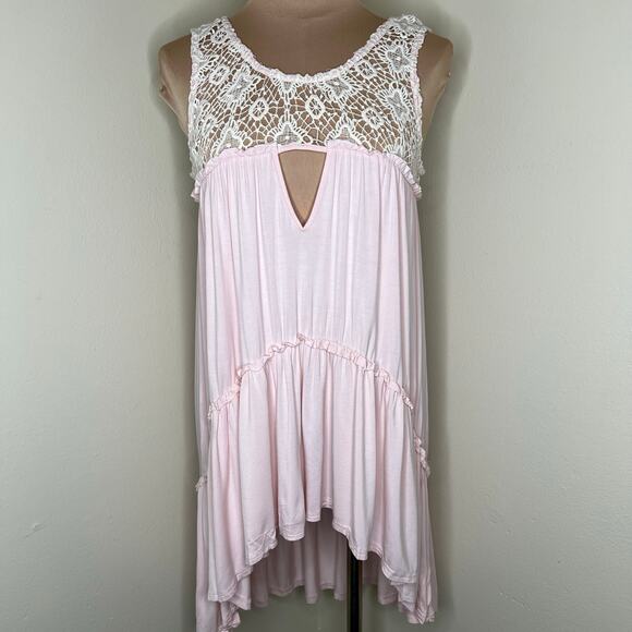 POL Tops - POL Tunic Top Small Womens Pink Coquette Crochet Lace Tiered High Low Ruffle New
